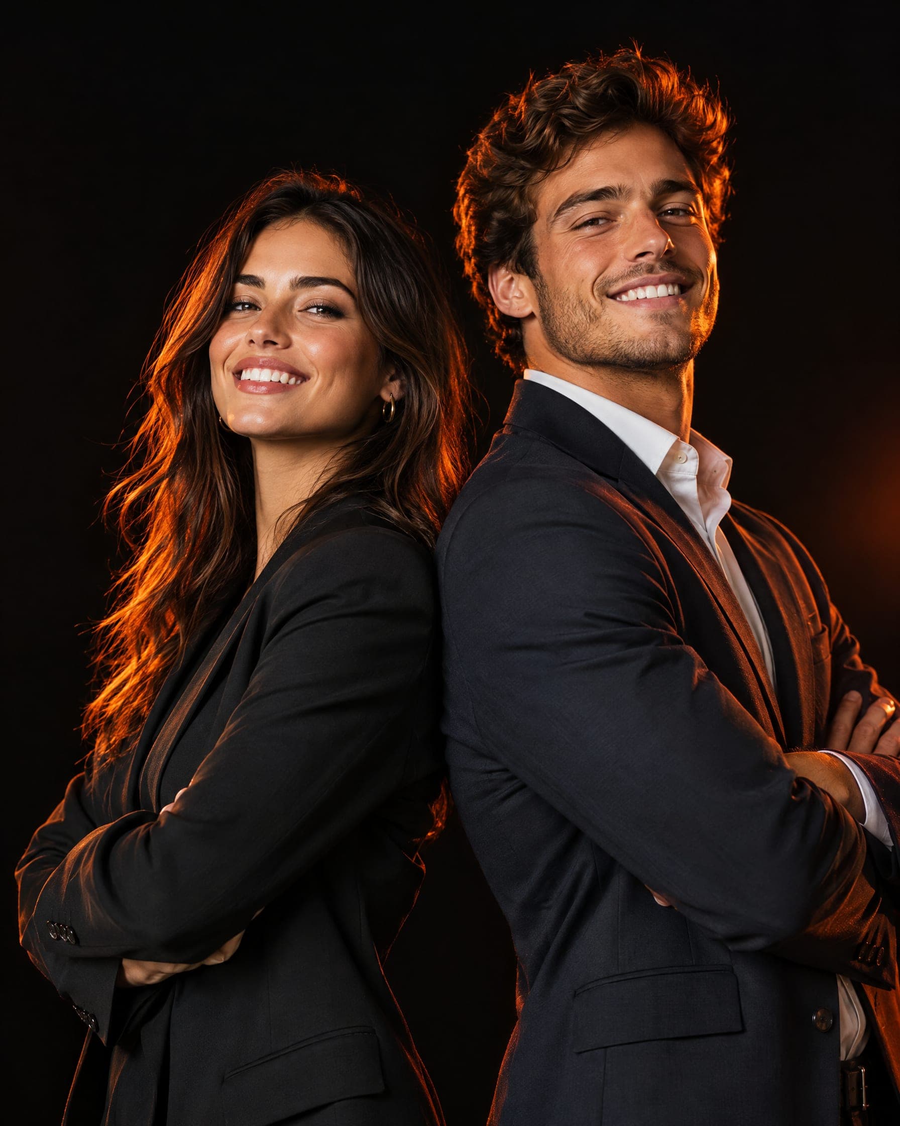 A young woman and man, teammates, standing back to back