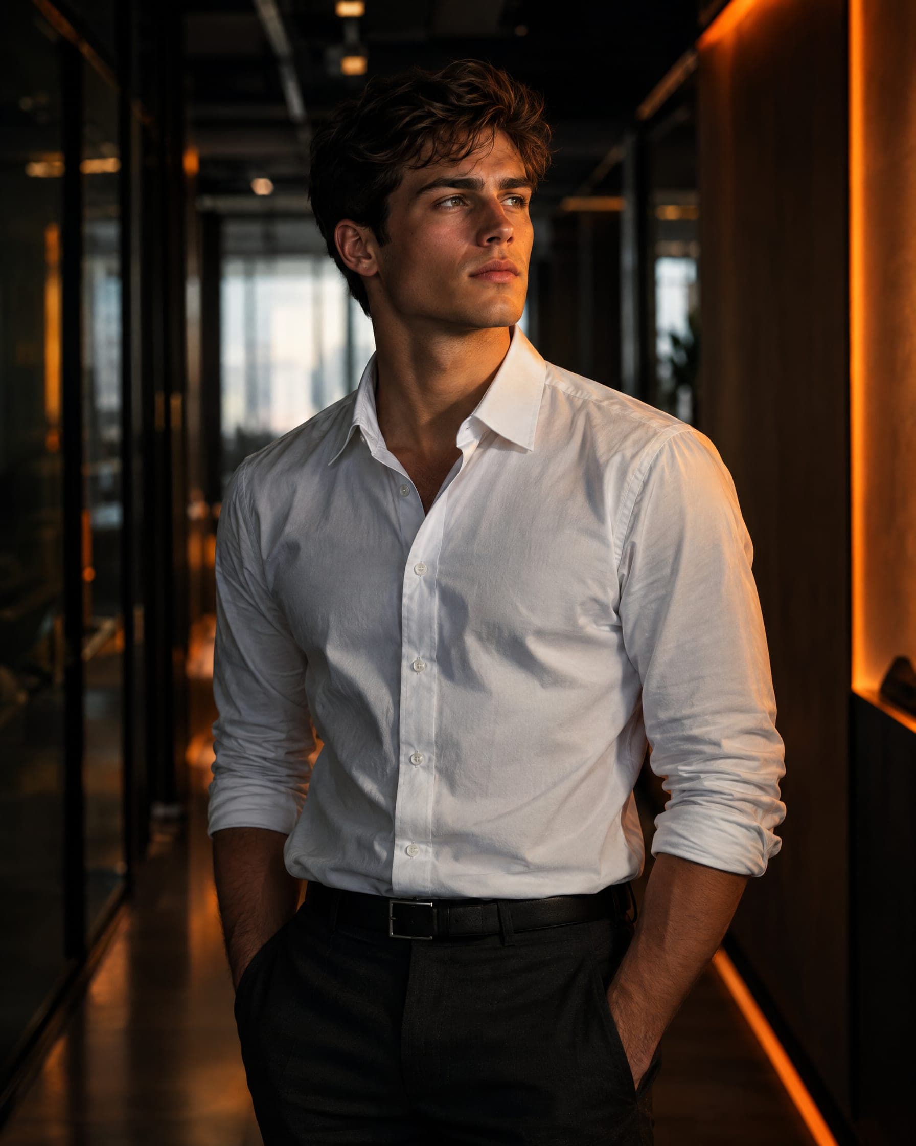 A determined young professional in a modern office corridor