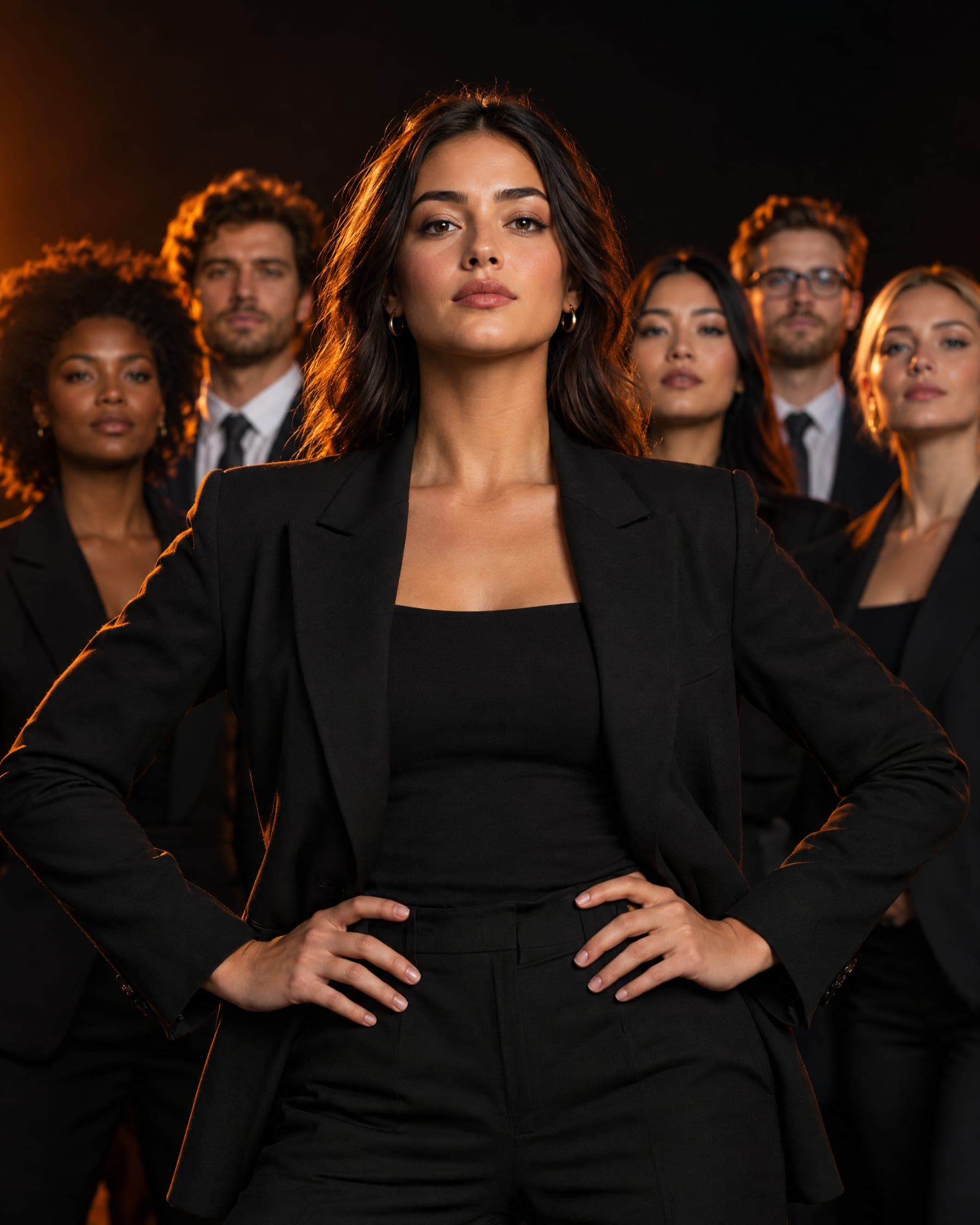 A confident young woman leader in front of her team
