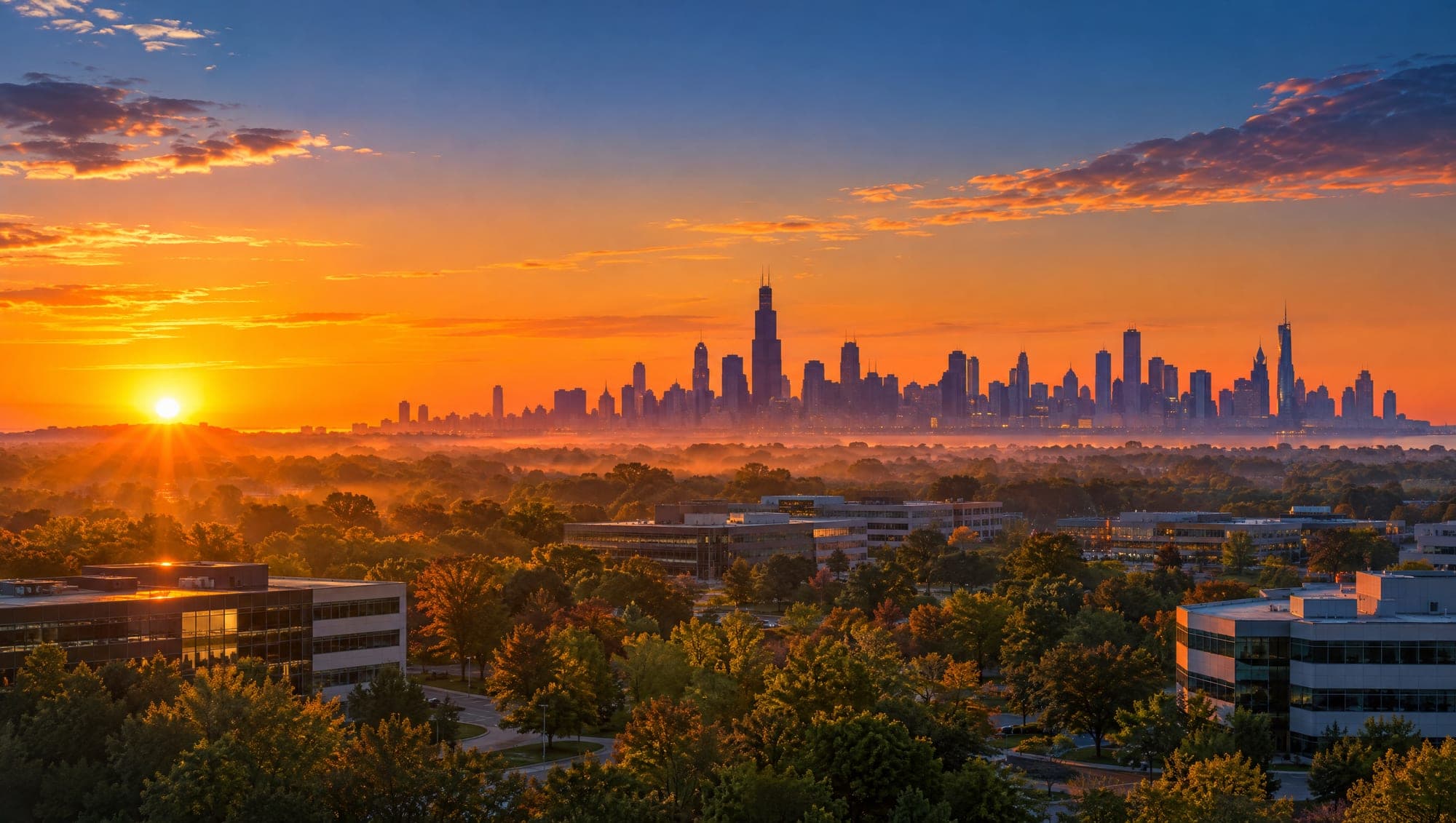 The Chicago skyline at sunrise seen from the western suburbs