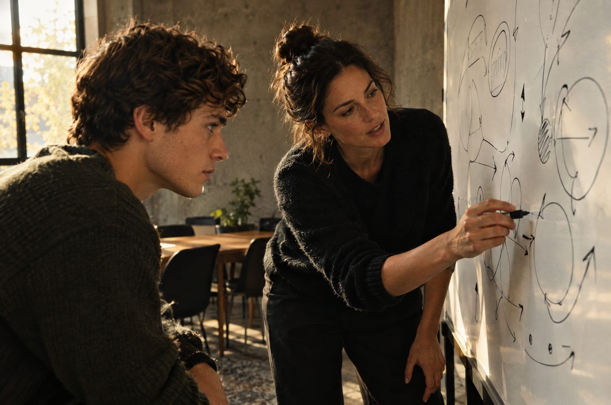 A mentor coaching a team member at a whiteboard