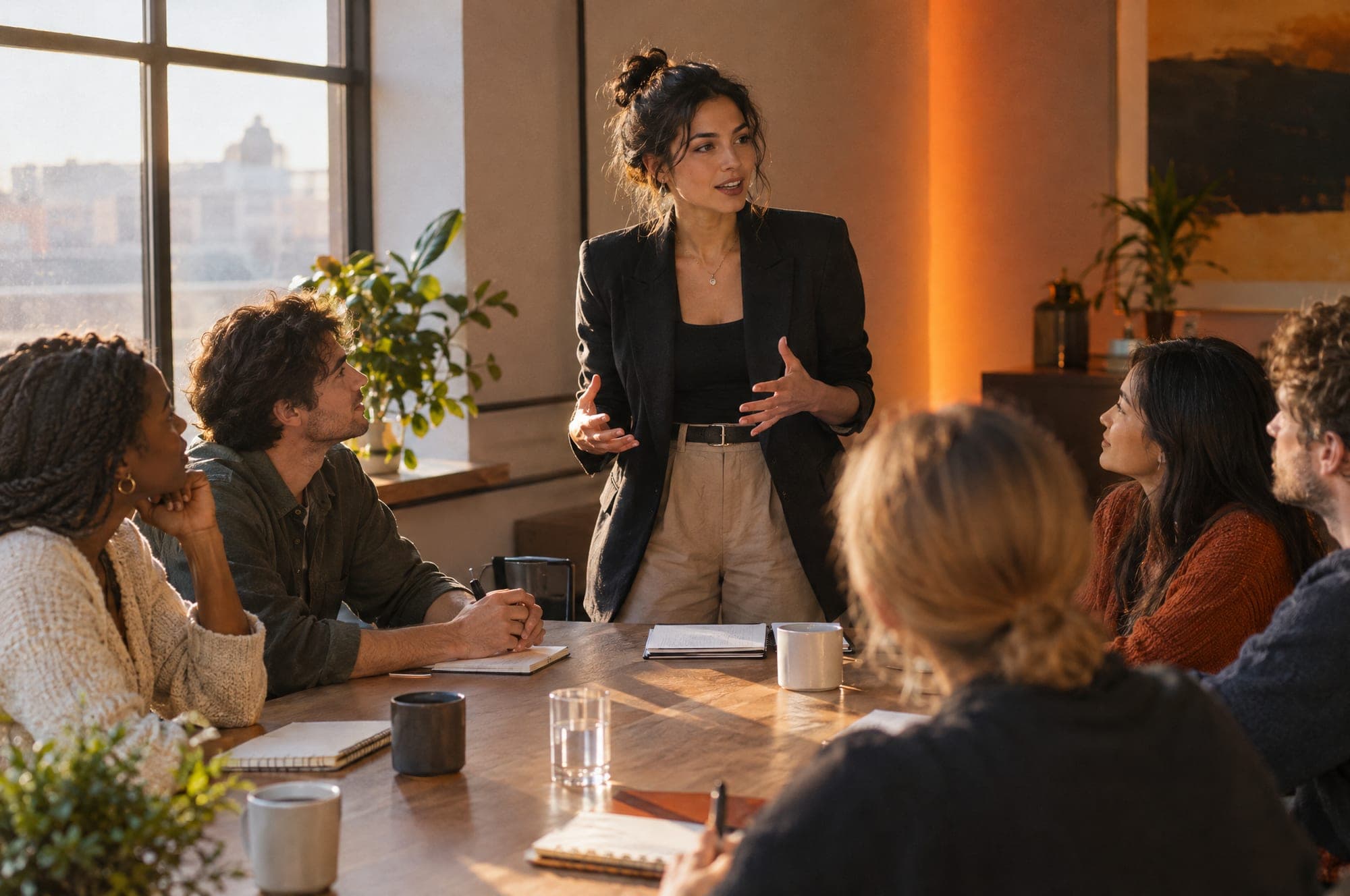 A young woman team leader coaching a team of women and men