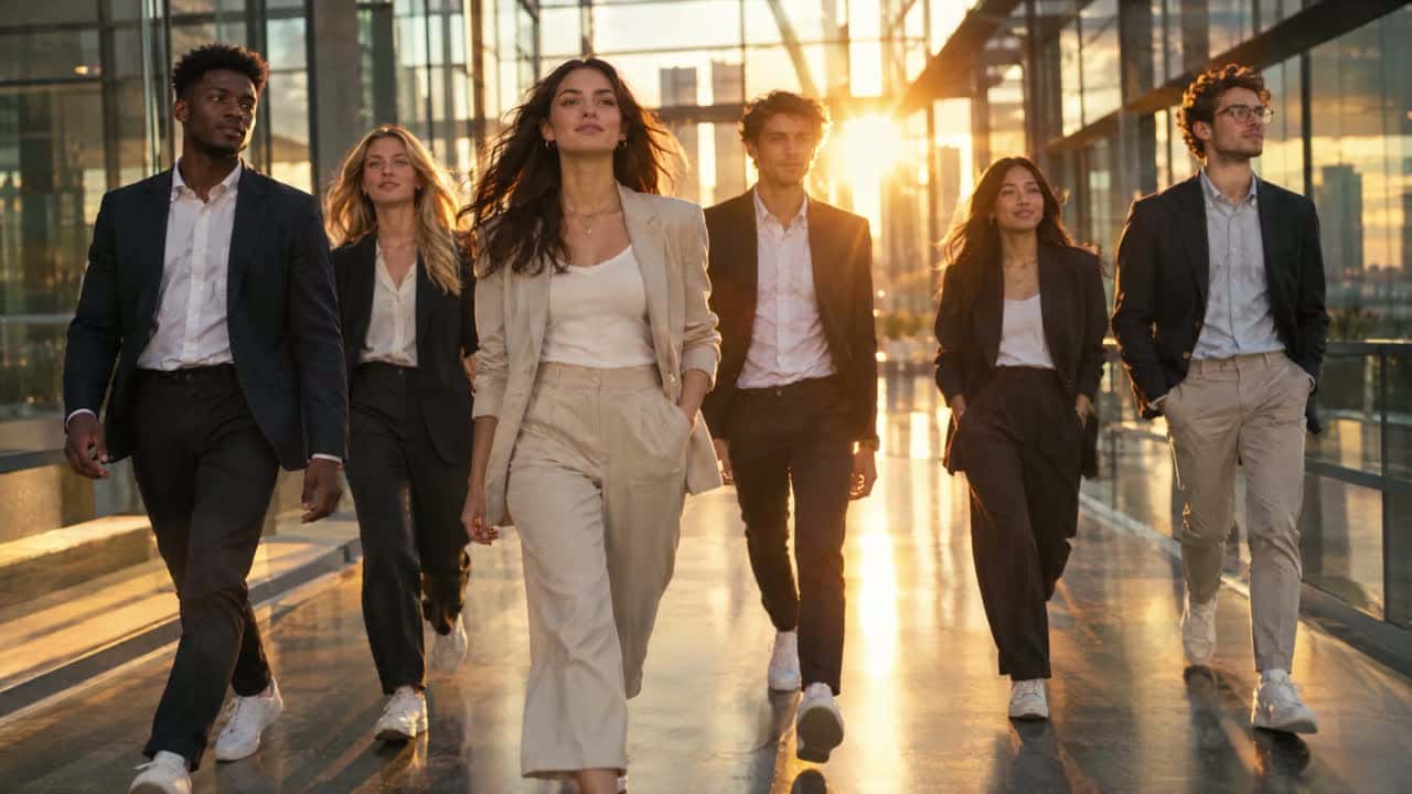 The Oakbrook Marketing Group team walking together through a sunlit modern office